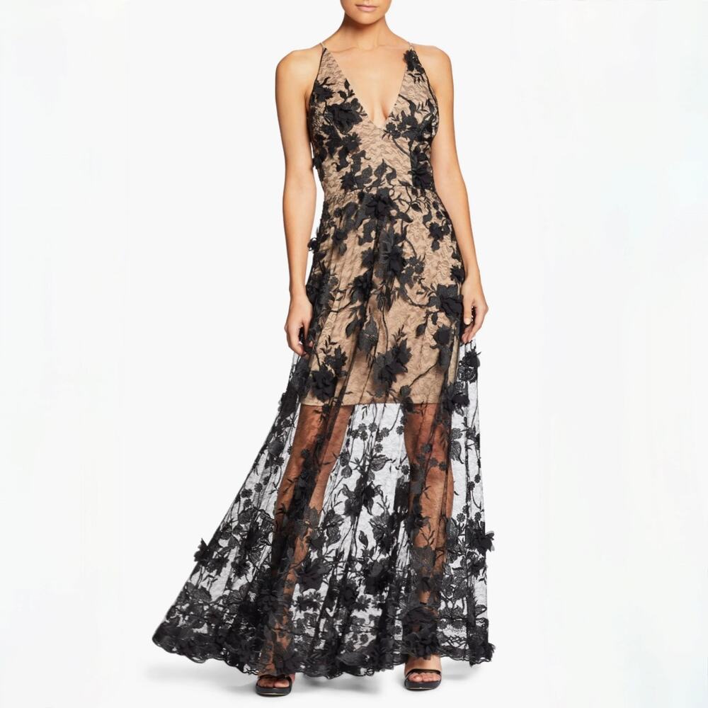 Dress the Population Sidney Deep V-Neck 3D Lace Gown - Black/Nude - Size S